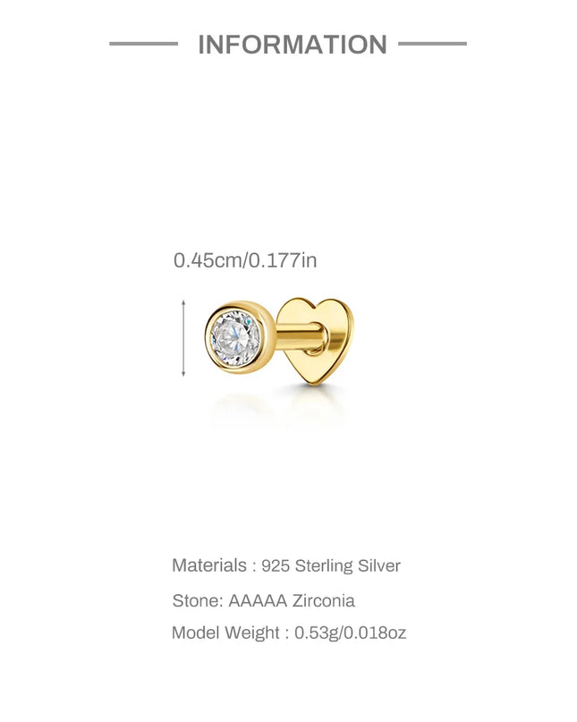 AIDE Heart Round Ball Flat Helix Piercing Earring 925 Sterling Silver Ear Studs Geometric Zircon Exquisite Trinket Studs Aretes
