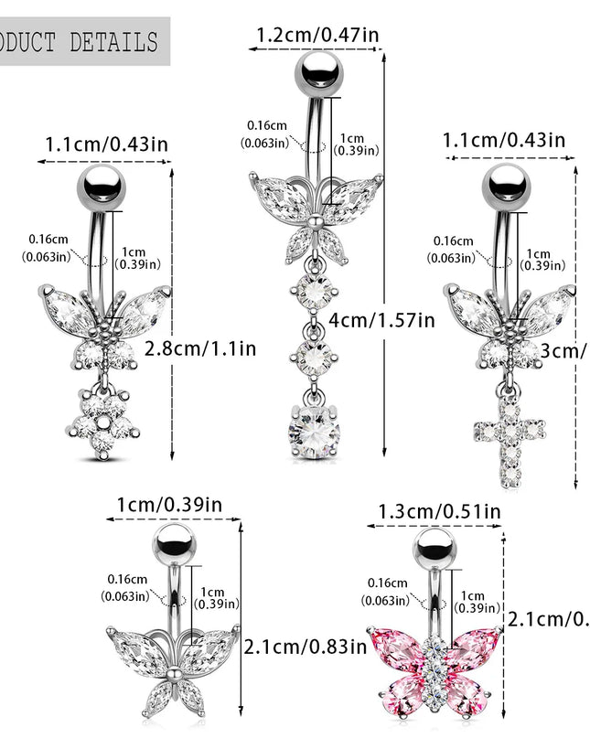 316L Stainless Steel Belly Button Ring Set Gold Color Butterfly Flower Heart Dangle Navel Piercing Jewelry for Women Fashion Bel
