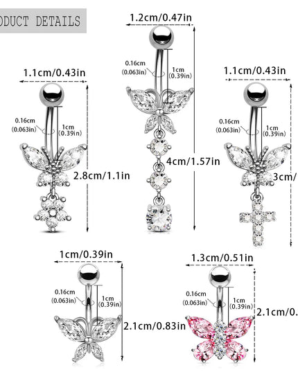 316L Stainless Steel Belly Button Ring Set Gold Color Butterfly Flower Heart Dangle Navel Piercing Jewelry for Women Fashion Bel