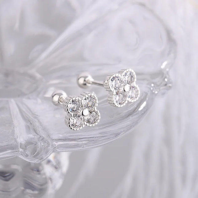 925 Sterling Silver Four Round Zircon Small Piercing Stud Earrings For Women Luxury Elegant Fine Jewelry Accessories Jewellery