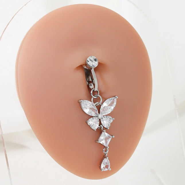 Clip On Belly Button Ring Butterfly Shape Copper Zircon Fake Belly Piercing Umbilical Navel Body Jewelry Trendy Fashion Style