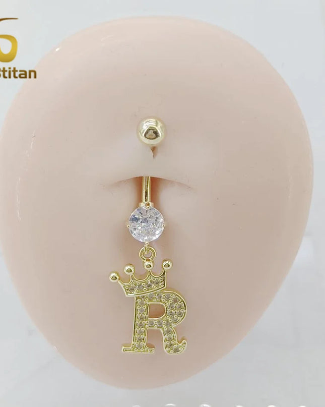 A-Z 26 Letter Initial Belly Button Rings 14G Titanium Curved Barbell Golden Zircon Navel Piercing Body Jewelry Women Accessories