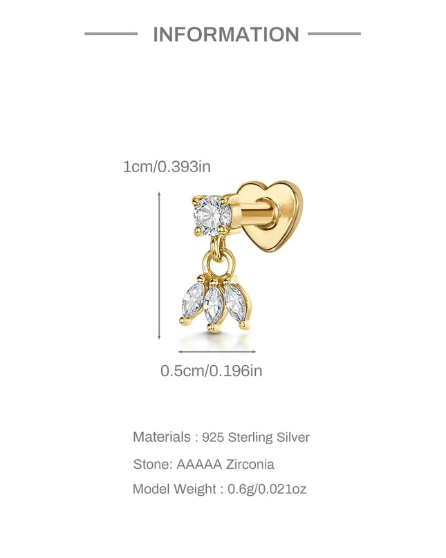 AIDE Heart Round Ball Flat Helix Piercing Earring 925 Sterling Silver Ear Studs Geometric Zircon Exquisite Trinket Studs Aretes