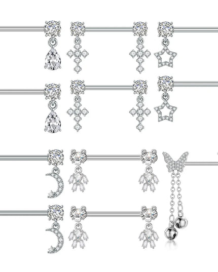2pcs Cute Bear Butterfly Dangle Nipple Piercings Stainless Steel Cross Star Hanging Nipple Shield Barbell for Women Nipple Rings