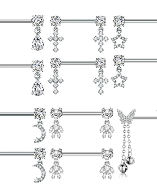 2pcs Cute Bear Butterfly Dangle Nipple Piercings Stainless Steel Cross Star Hanging Nipple Shield Barbell for Women Nipple Rings