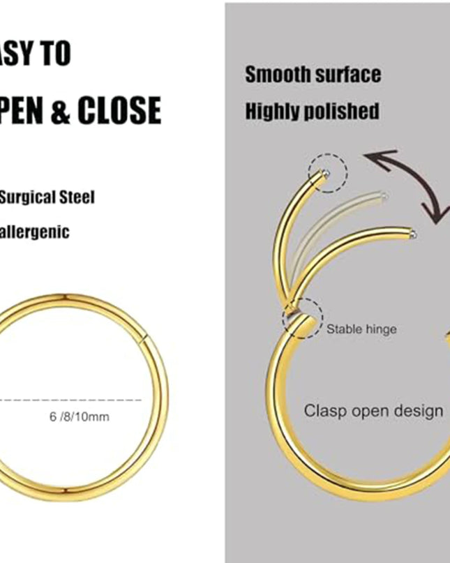 Gold Nose Rings for Women and Men, Clicker Septum Rings, Hoop Earrings, Suitable for Helix and Cartilage, Body Piercing Earrings