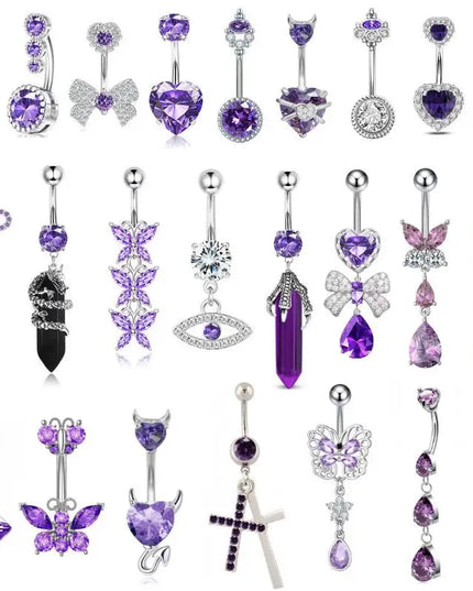 Belly Button Rings Mixed Purple Zircon Dangle Design Stainless Steel Durable Navel Rings for Daily Outfit Matching