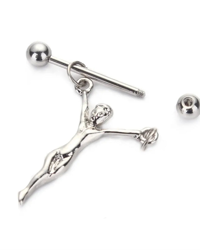WKOUD 1Pc Stainless Steel Nipple Piercing Statue Jesus Nipple Barbells Chains Statue Of Jesus Nipple Shields Bars Body Jewelry