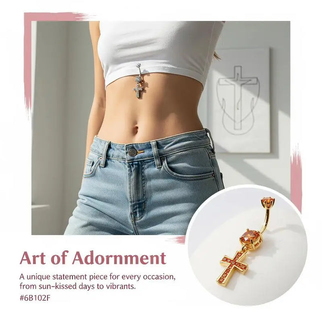 Cross Design Belly Button Ring Surgical Steel Navel Piercing Jewelry Waterproof for Daily Nightclub Wear