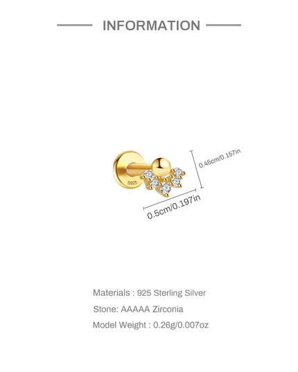 CANNER 1PC 925 Sterling Silver Flat Bottom Piercing Earring for Women Exquisite Crown Ear Studs Cartilage Earring Fine Jewelry