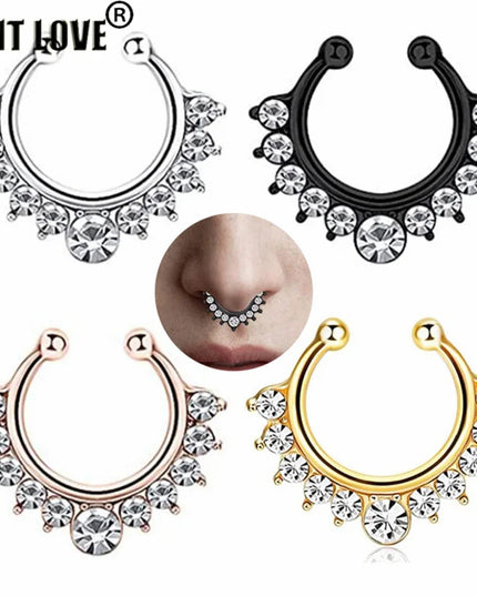 5pcs Wholesale Nose Piercing Fake Septum Ring Rhinestone Crystal Metal Faux Percing Nose Rings For Women Lady Punk Body Jewelry