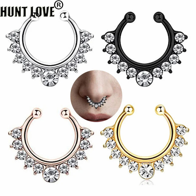 5pcs Wholesale Nose Piercing Fake Septum Ring Rhinestone Crystal Metal Faux Percing Nose Rings For Women Lady Punk Body Jewelry