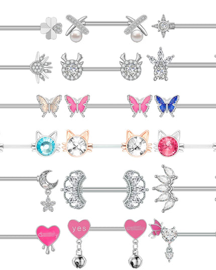 2pcs Lettering Sexy Nipple Piercing Jewelry Buttefly Cat Flower Dangled Stainless Steel Nipple Rings for Women Girls 1.6*16mm
