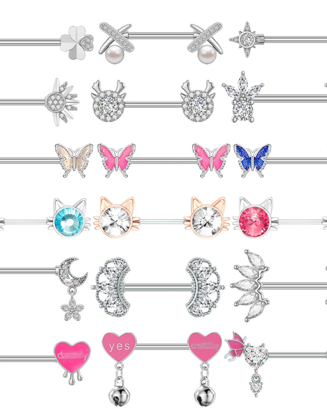 2pcs Lettering Sexy Nipple Piercing Jewelry Buttefly Cat Flower Dangled Stainless Steel Nipple Rings for Women Girls 1.6*16mm
