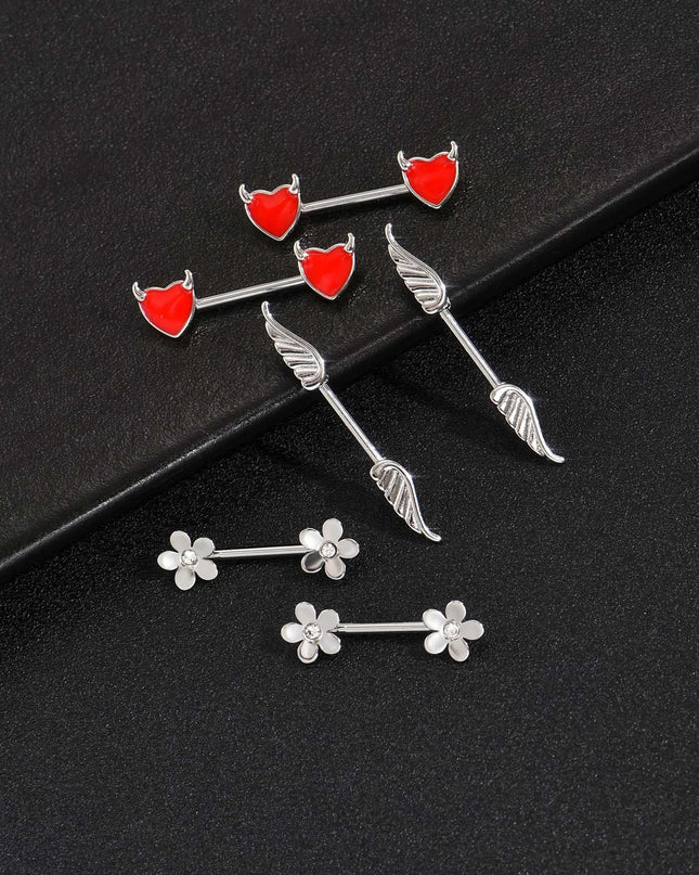 2pcs Angel Wings Nipple Piercing 14G Flower Heart Daemon Oxhead Shield Bar Barbell Nipple Ring Nombril Breast Cover Jewelry