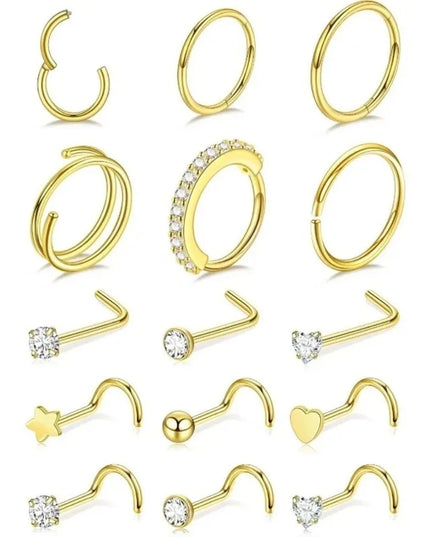 15Pcs Mixed Double Nose Rings L Ring Hoop Hypoallergenic Body Clips Hoop Rhinestone Nose Piercing Jewelry Piercing Studs