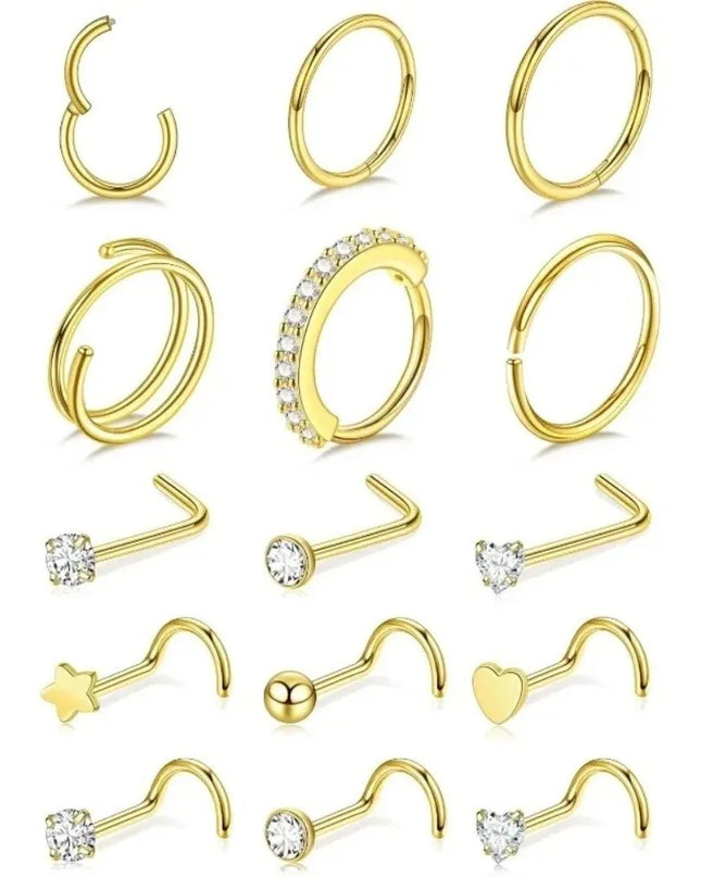 15Pcs Mixed Double Nose Rings L Ring Hoop Hypoallergenic Body Clips Hoop Rhinestone Nose Piercing Jewelry Piercing Studs