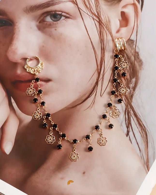 Body Jewelry Earring with Nose Ring Fashion Trendy Nose Clip Rings Gold& Black Fringe Long Chain Tassel Nose Clip Perform