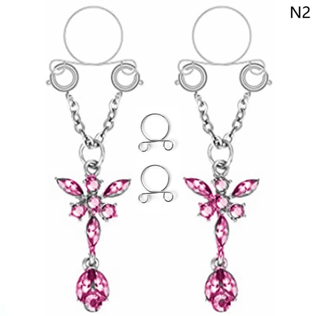 1 Pair New Fake Nipple Ring Sexy Tassel Crystal Butterfly Pendant For Women Girls Adjustable Faux Nipple Piercing Body Jewelry