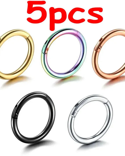 5pc Nose Rings Hoop Hinged Clicker Segment Nose Rings Ear Cartilage Ring Clip Stainless Steel Ear Nose Ring Body Jewelry Gift