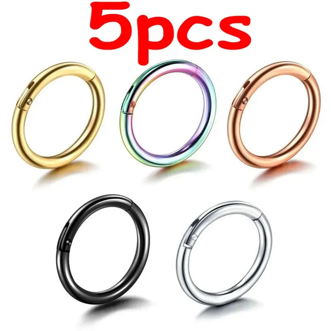 5pc Nose Rings Hoop Hinged Clicker Segment Nose Rings Ear Cartilage Ring Clip Stainless Steel Ear Nose Ring Body Jewelry Gift