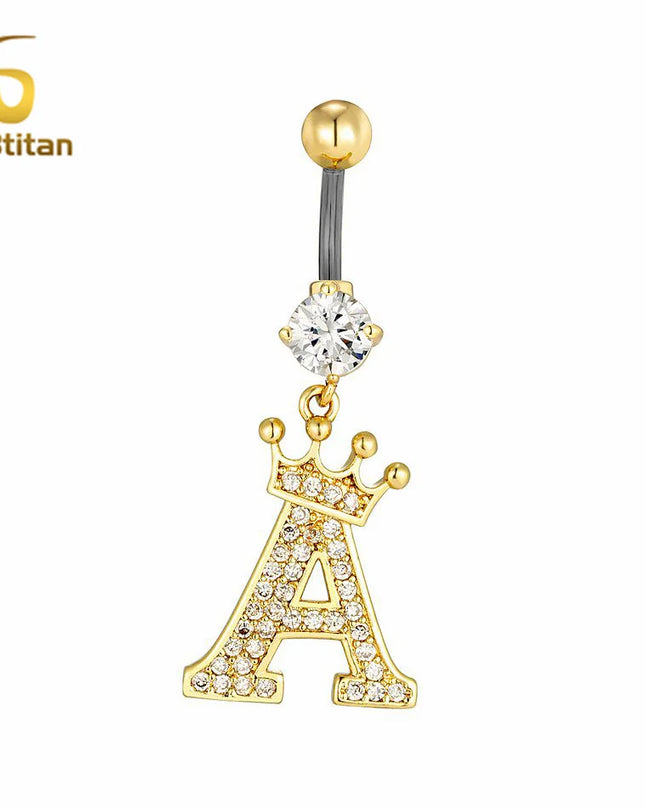 A-Z 26 Letter Initial Belly Button Rings 14G Titanium Curved Barbell Golden Zircon Navel Piercing Body Jewelry Women Accessories