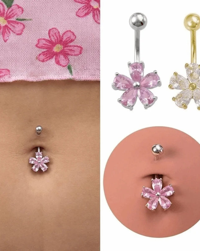 Beach Simple Belly Button Rings Crystal Flower Navel Ring Stainless Steel Zircon Body Piercing Jewelry Sexy