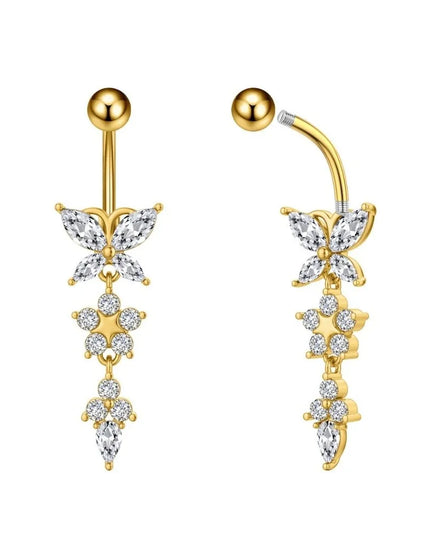 Unique Zircon Butterfly Belly Button Ring Elegant Long Chain Body Piercing Jewelry Stainless Steel Curved Barbell
