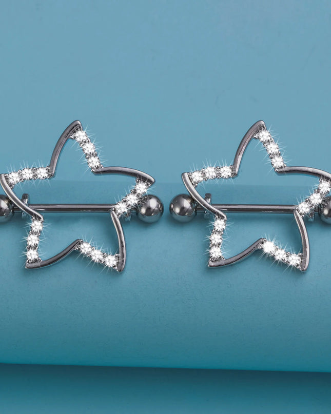 2pcs Nipple Ring Barbell Rhinestone Paved Star Shape Nipplerings Piercing Stainless Steel 14G Nipple Rings Shields Body Piercing