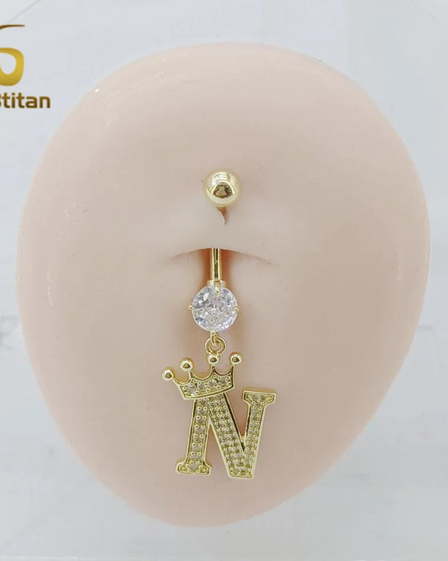 A-Z 26 Letter Initial Belly Button Rings 14G Titanium Curved Barbell Golden Zircon Navel Piercing Body Jewelry Women Accessories