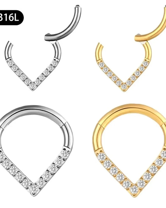 Surgical Steel Septum Nose Clicker Teardrop Shape Segment Ring Rhinestone Nose Ring Gold Hinged Body Piercing Jewelry Men