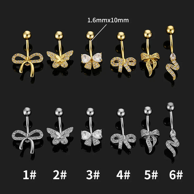 1PC 14G Surgical Steel Belly Button Rings Bow Butterfly Snake Cubic Zirconia Belly Button Barb Ombligo Piercing Jewelry