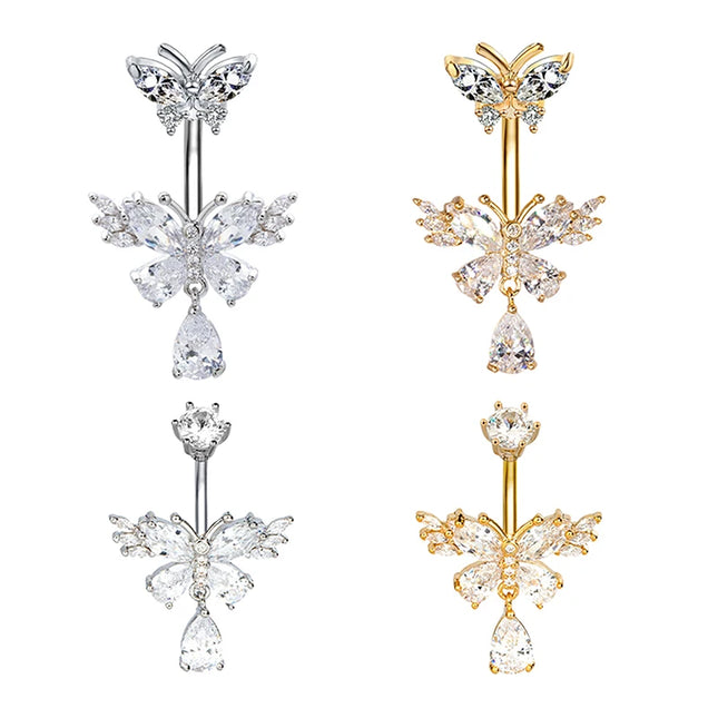 Exquisite Zircon Crystal Belly Button Rings Fashion Butterfly Navel Ring For Women GirlsSexy Belly Piercing Body Jewelry Gifts