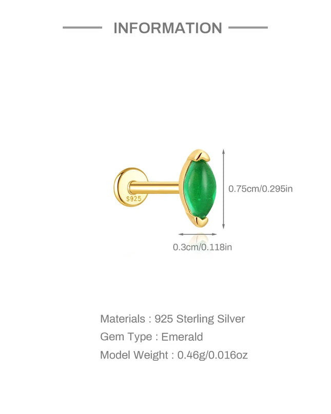 Aide 1PC 925 Sterling Silver 18K Gold Threaded Piercing Earring Women Ins Green Red Colors Zircon  Ear Bone Nail Gift Jewelry