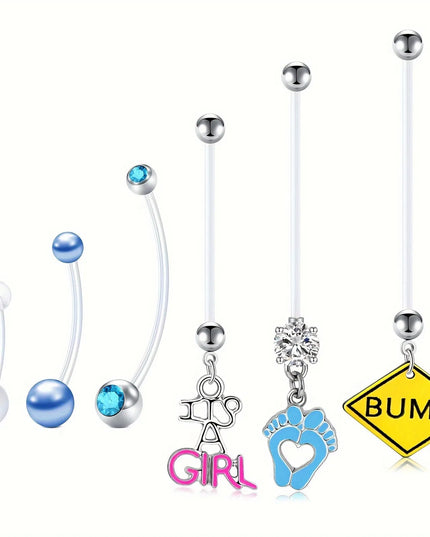 6pcs Different Sizes of Pregnant Belly Button Set, Transparent Ball Ball Love Foot Pendant,  Soft Pregnant Belly Button Piercing