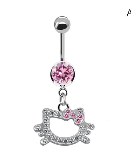 Belly Button Ring For Women Trendy Pink Butterfly Cute Cat Design Sexy Fashion Navel Rings Stainless Steel Piercing Jewelry