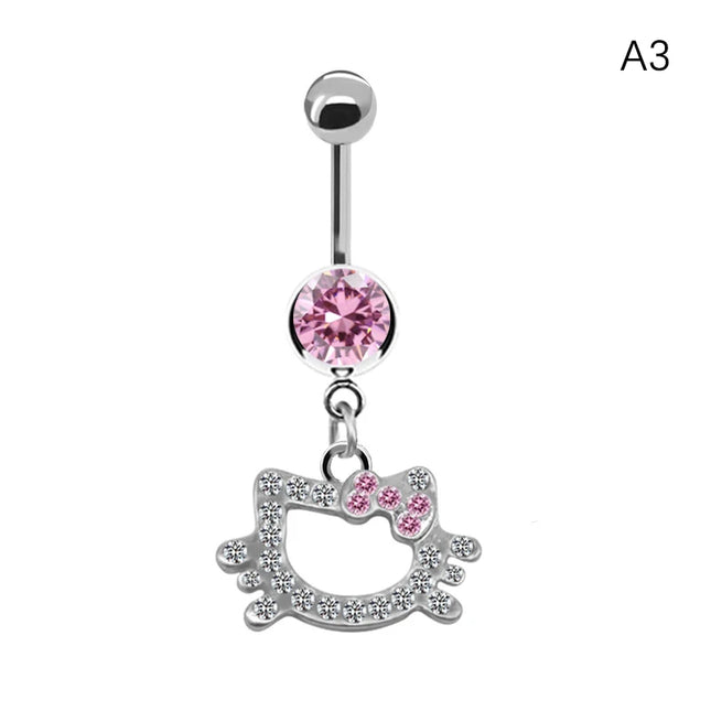 Belly Button Ring For Women Trendy Pink Butterfly Cute Cat Design Sexy Fashion Navel Rings Stainless Steel Piercing Jewelry