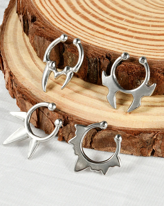 1PC Stainless Steel Irregular Ox Horn Fake Nose Ring Fangs Non Piercing Clip on Nose Hoop Cone Septum Fake Nose Piercing Jewelry