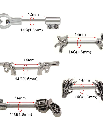 1Pair 5 Choice Gun Key shape Hand Nipple piercing Gun Piercing 14G 1.6x12/14mm No-Infection Body Jewelry Barbells