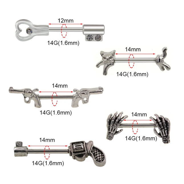 1Pair 5 Choice Gun Key shape Hand Nipple piercing Gun Piercing 14G 1.6x12/14mm No-Infection Body Jewelry Barbells