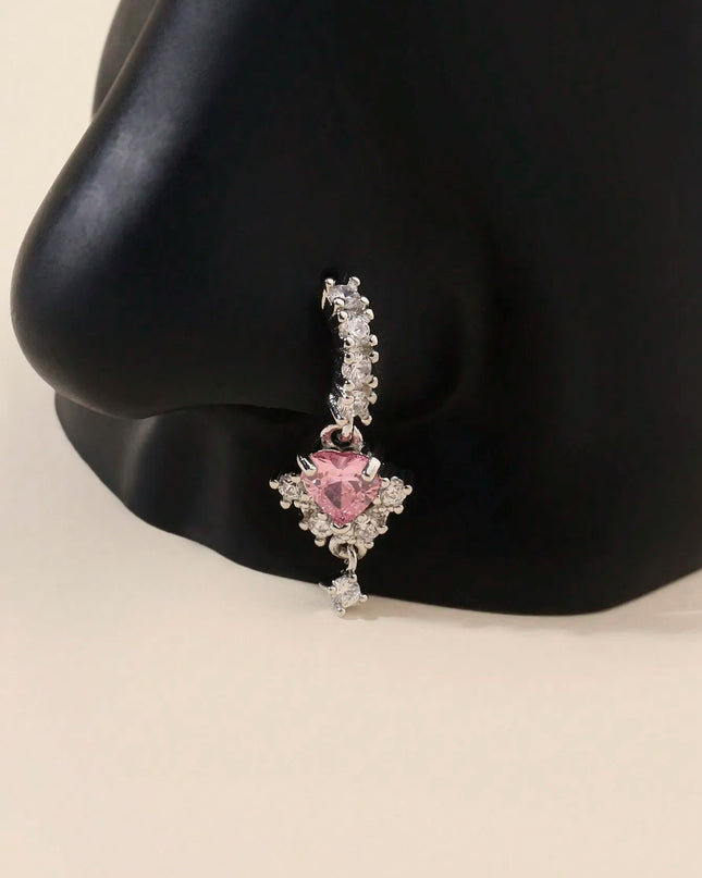 1 L-shaped heart-shaped CZ nose nail, shiny cubic zirconia cute perforated nose ring, silver and gold, suitable for women