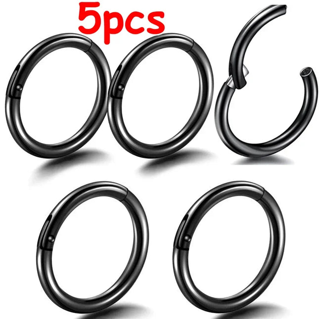 5pc Nose Rings Hoop Hinged Clicker Segment Nose Rings Ear Cartilage Ring Clip Stainless Steel Ear Nose Ring Body Jewelry Gift