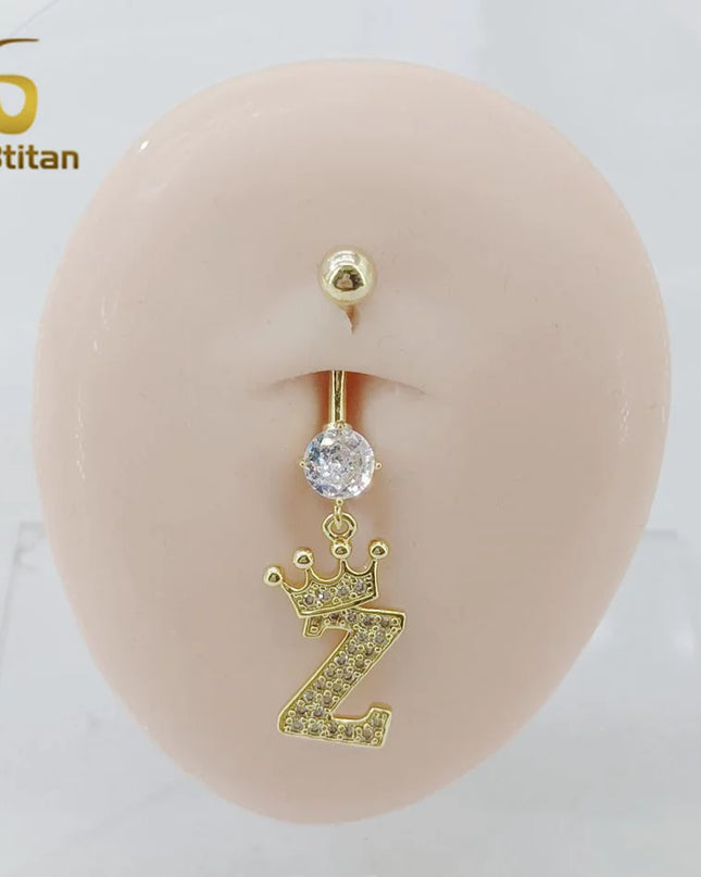 A-Z 26 Letter Initial Belly Button Rings 14G Titanium Curved Barbell Golden Zircon Navel Piercing Body Jewelry Women Accessories