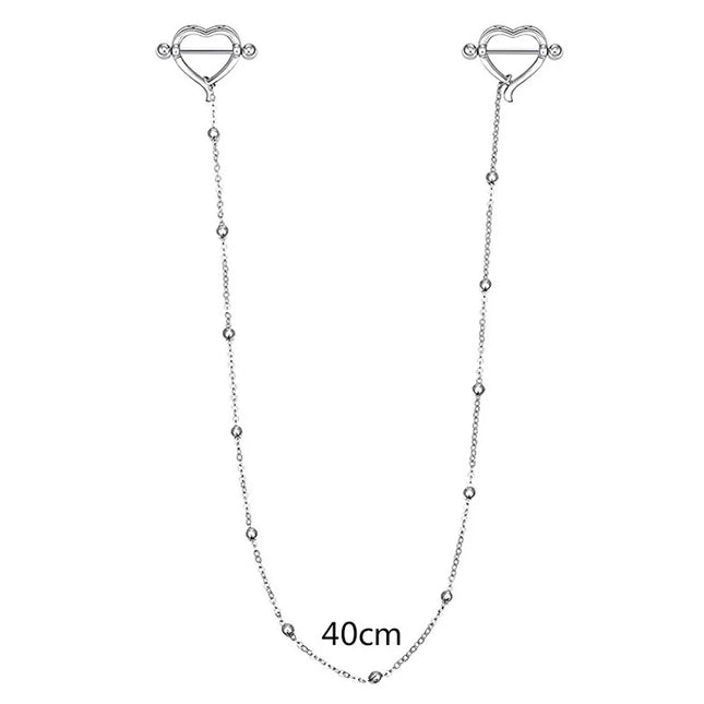 2pcs Surgical Steel Nipple Piercing with Chain Breast Shield Fake Pierced Clip Nipple Ring Cover for Women Sexy Body Jewelry 14G