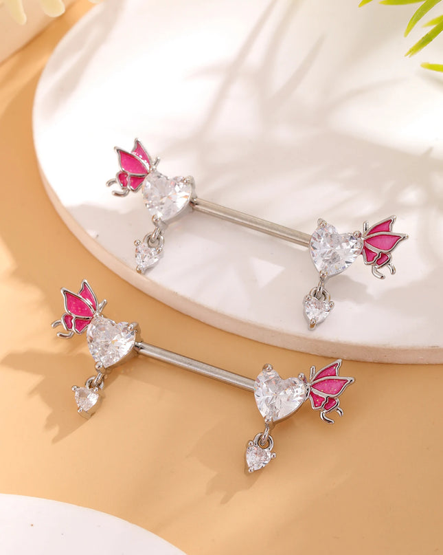 A Pair Cute Heart Dangled Nipple Piercings Barbell for Women Pink Color Moon Butterfly Shaped Sexy Nipple Rings Shield Bar Sets