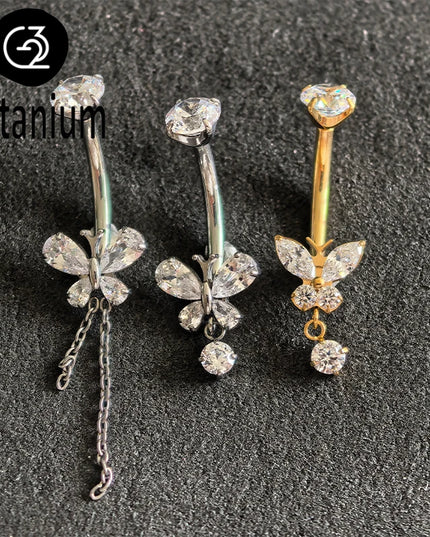 ASTM F136 G23 Titanium Belly Navel Piercing Butterfly Belly Button Rings  For Women Rhinestone Navel Rings Belly Body Jewelry