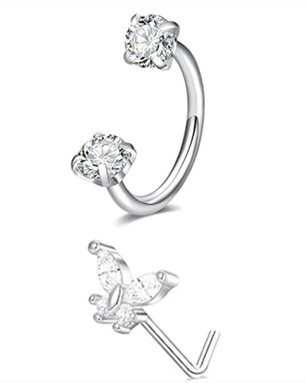 6/2pcs Horseshoe Nose Rings With L-Shape Nose Stud, Stainless Steel Rianbow CZ Nose Ring,, Lip Eyebrow Helix Ear Piercing