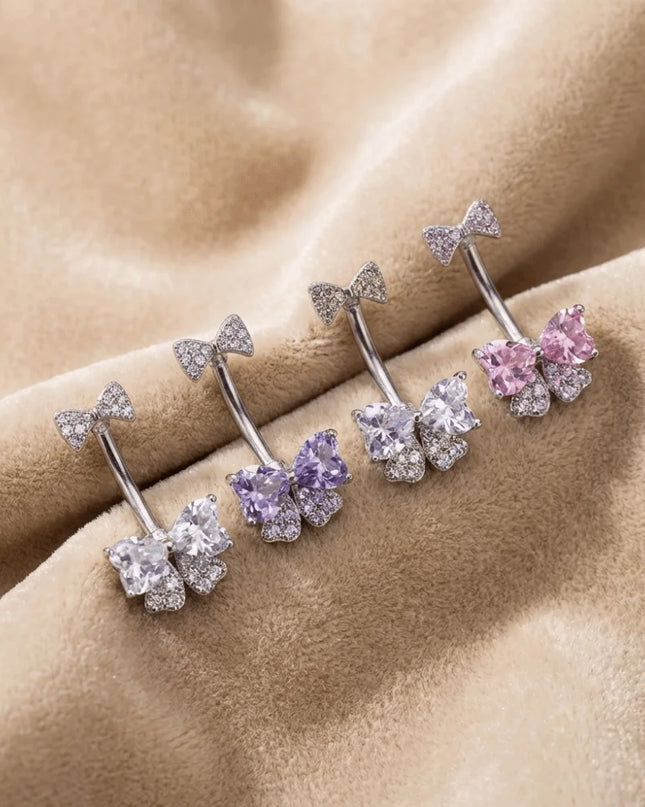 Elegant Belly Button Rings Stainless Steel Crystal Navel Piercing Jewelry Body Jewelry Barbell Style Pink Bow Belly Rings