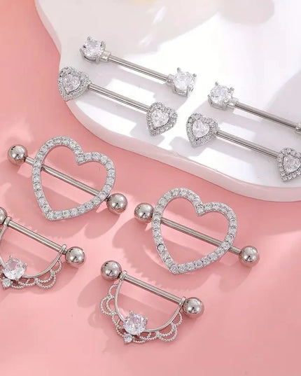 1 Pair/4 Pairs Stainless Steel Shield Bar Barbell Nipple Piercing Jewelry for Women Sexy Heart CZ Crystal Barbell Nipple Rings