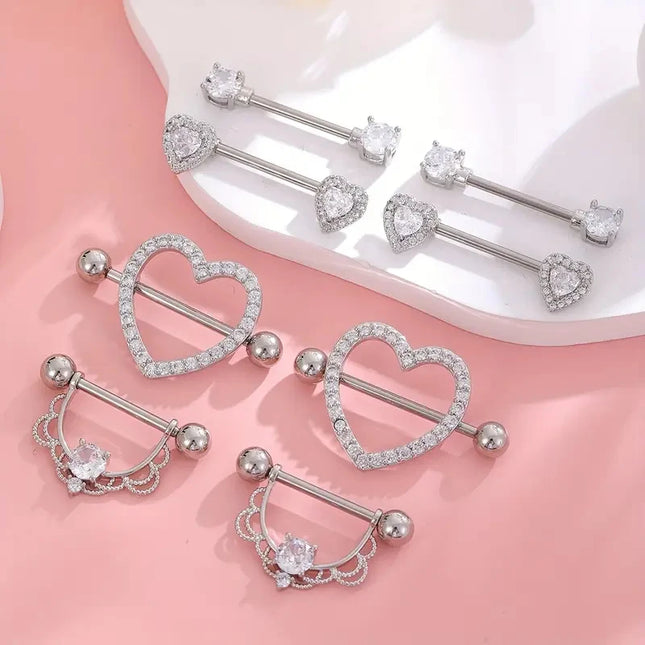 1 Pair/4 Pairs Stainless Steel Shield Bar Barbell Nipple Piercing Jewelry for Women Sexy Heart CZ Crystal Barbell Nipple Rings